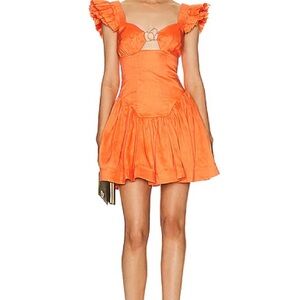 Aje Orange Mini Dress with Ruffled Sleeves